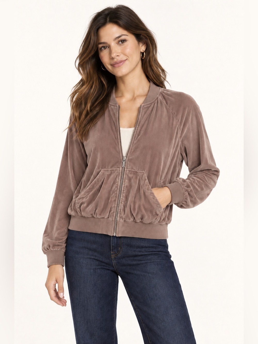SAKS FIFTH AVENUE MINKY BROWN VELOUR WOMENS BOMBER STYLE JACKET. SIZE S